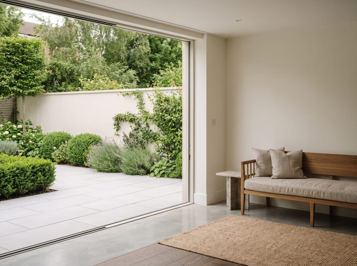 A newly laid patio with planting alongside